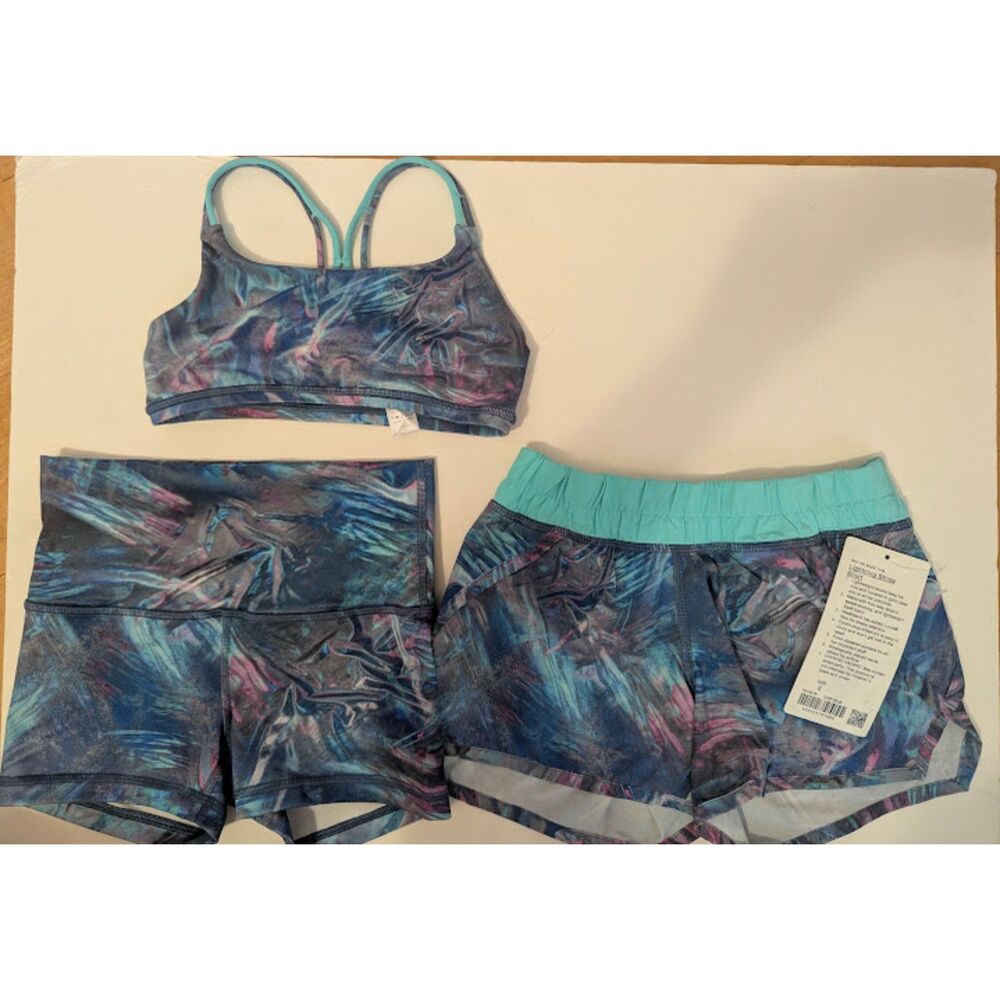 NWT / EUC Ivivva by Lululemon 3 piece blue electric set Size 8 girls bra shorts